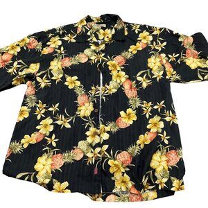 Tommy Bahama‎ Shirt Men Large Black Gold Peach Pineapple Orchid Aloha Tropical